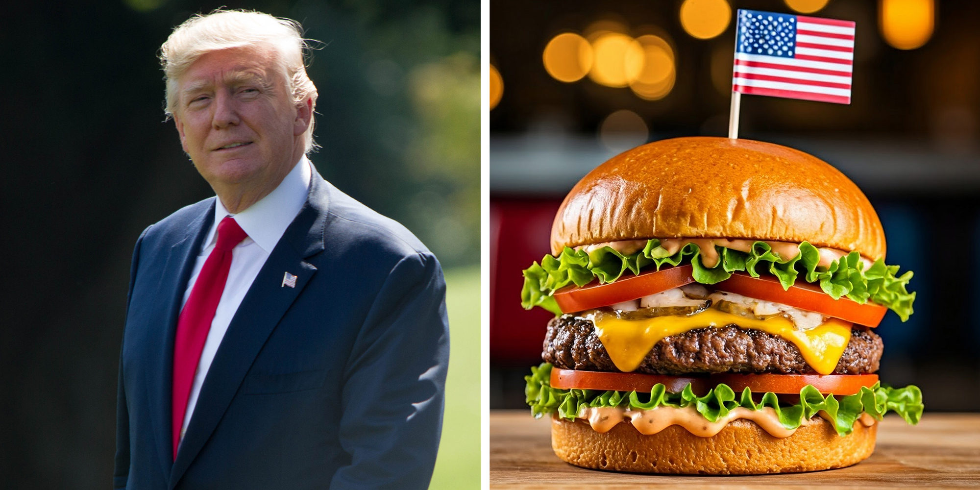 Left: President Donald Trump walks from the west wing of the White House to Marine One before heading to Joint Base Andrews and on to Bedminster, NJ, Friday, August 4, 2017. Right: Cheeseburger with an American Flag stuck in its top bun
