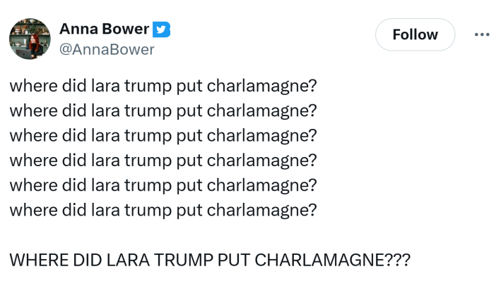 Tweet that reads, "where did lara trump put charlamagne?" repeated seven times.