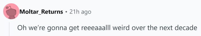 Reddit comment that reads, "Oh we’re gonna get reeeaaalll weird over the next decade"