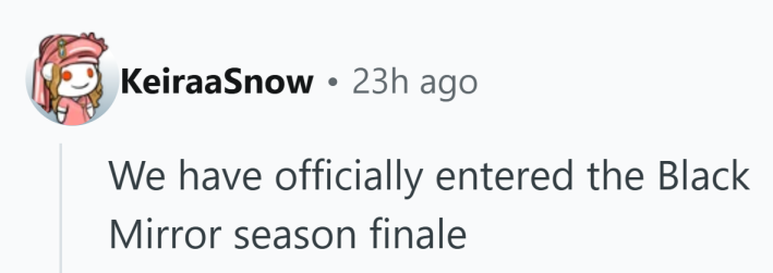 Reddit comment that reads, "We have officially entered the Black Mirror season finale"