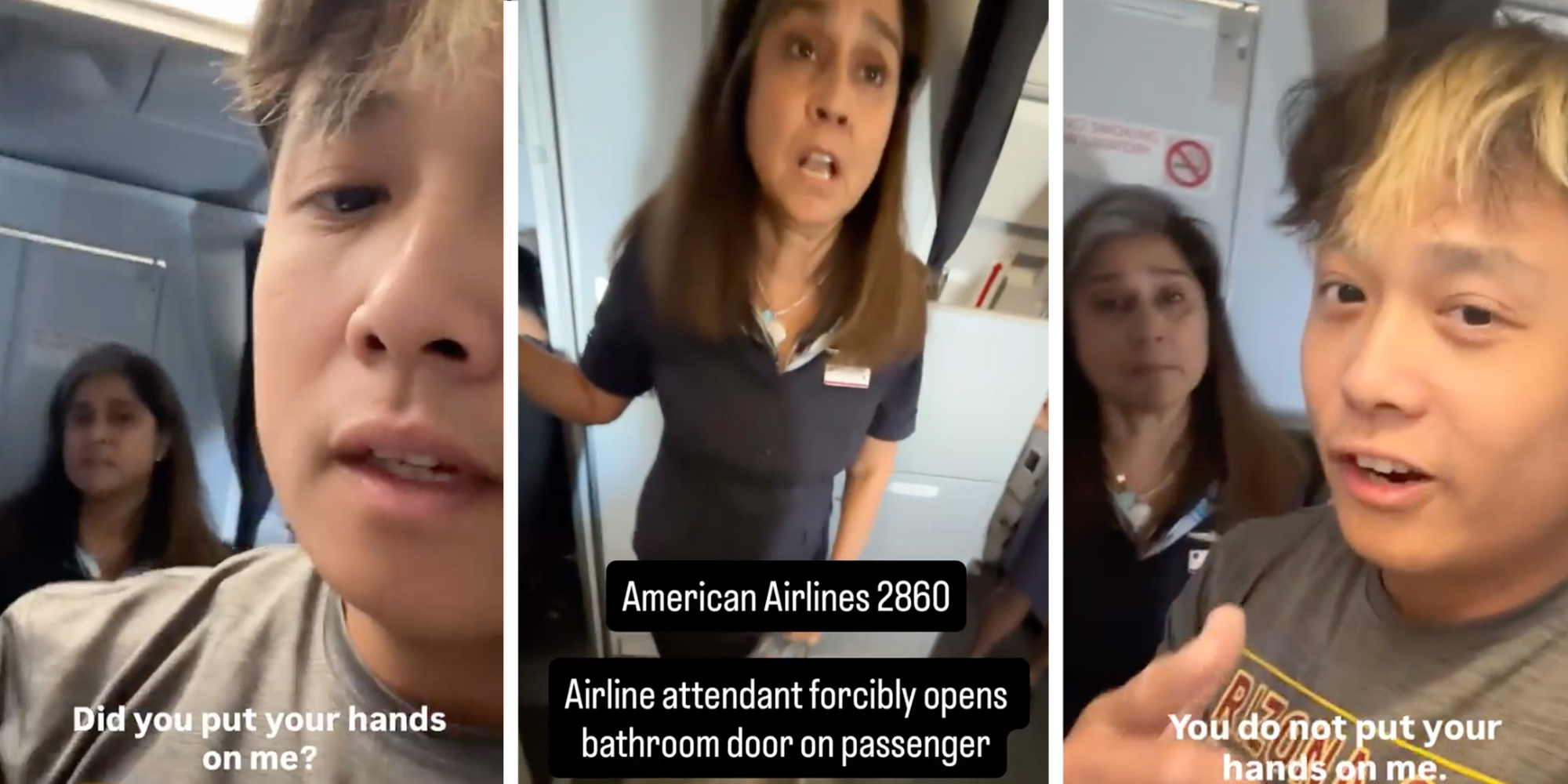 Man filming light attendant after she opened the bathroom door because he had been vaping.