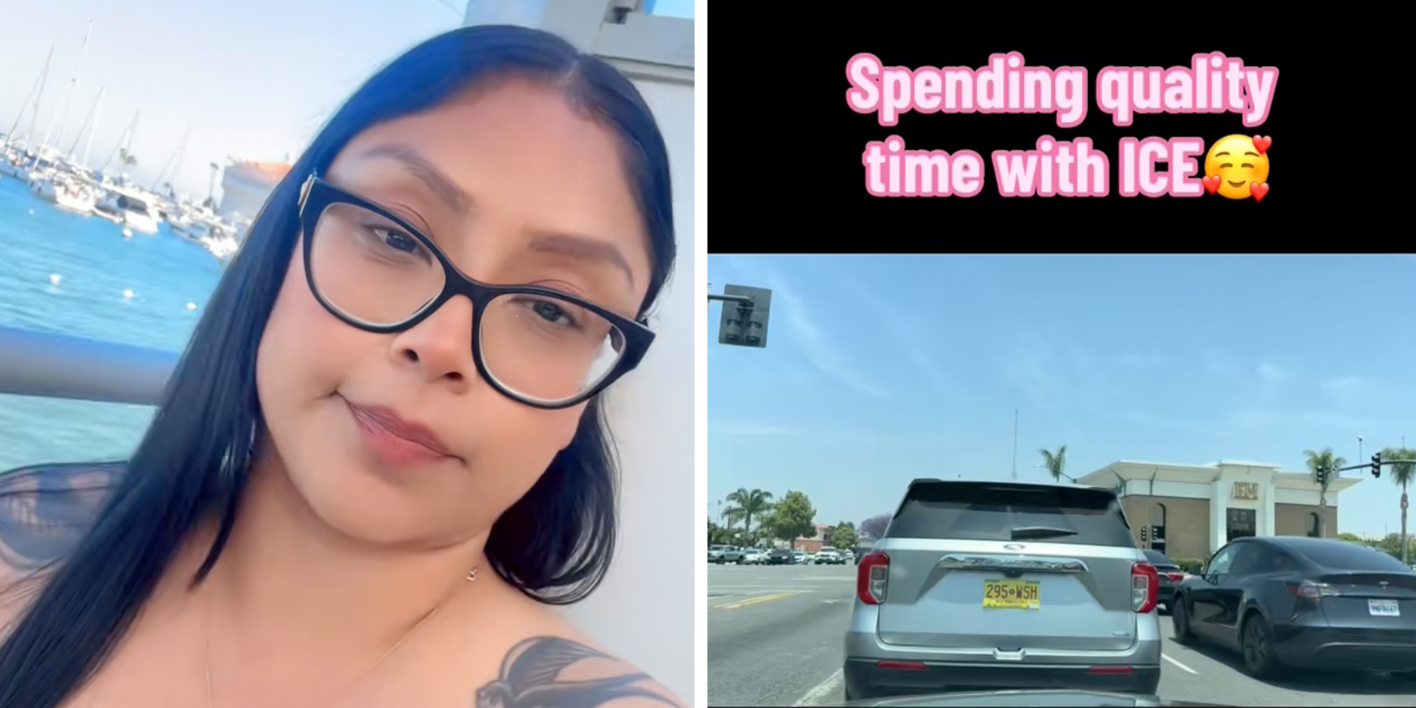 Left: Angelica Vargas, known online as Angie the ICE Chaser, wearing glasses and looking into the camera Right: Ange the ICE Chaser chasing down ICE agents in a Ford Explorer in Los Angeles, CA