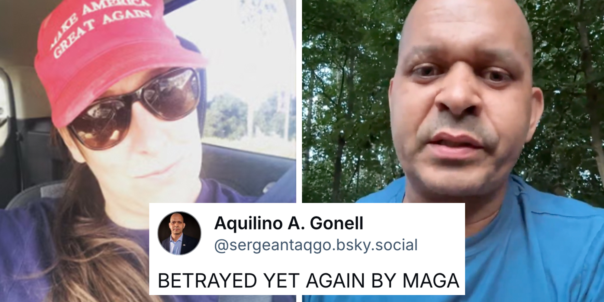 Left: January 6 rioter Ashli Babbitt in her car wearing a red MAGA hat. Right: Sergeant Aquilino A. Gonell looking into the camera. Post overlay from Gonell reads, "Betrayed yet again by MAGA."