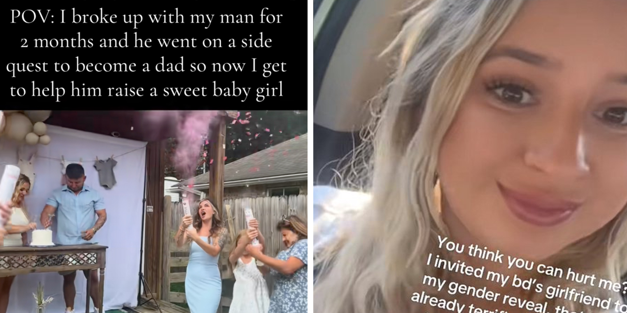 Left: Gender reveal party under caption reading: "POV I broke up with my man for 2 months and he went on a side quest to become a dad so now I get to help him raise a sweet baby girl." Right: Woman looking into camera and smiling