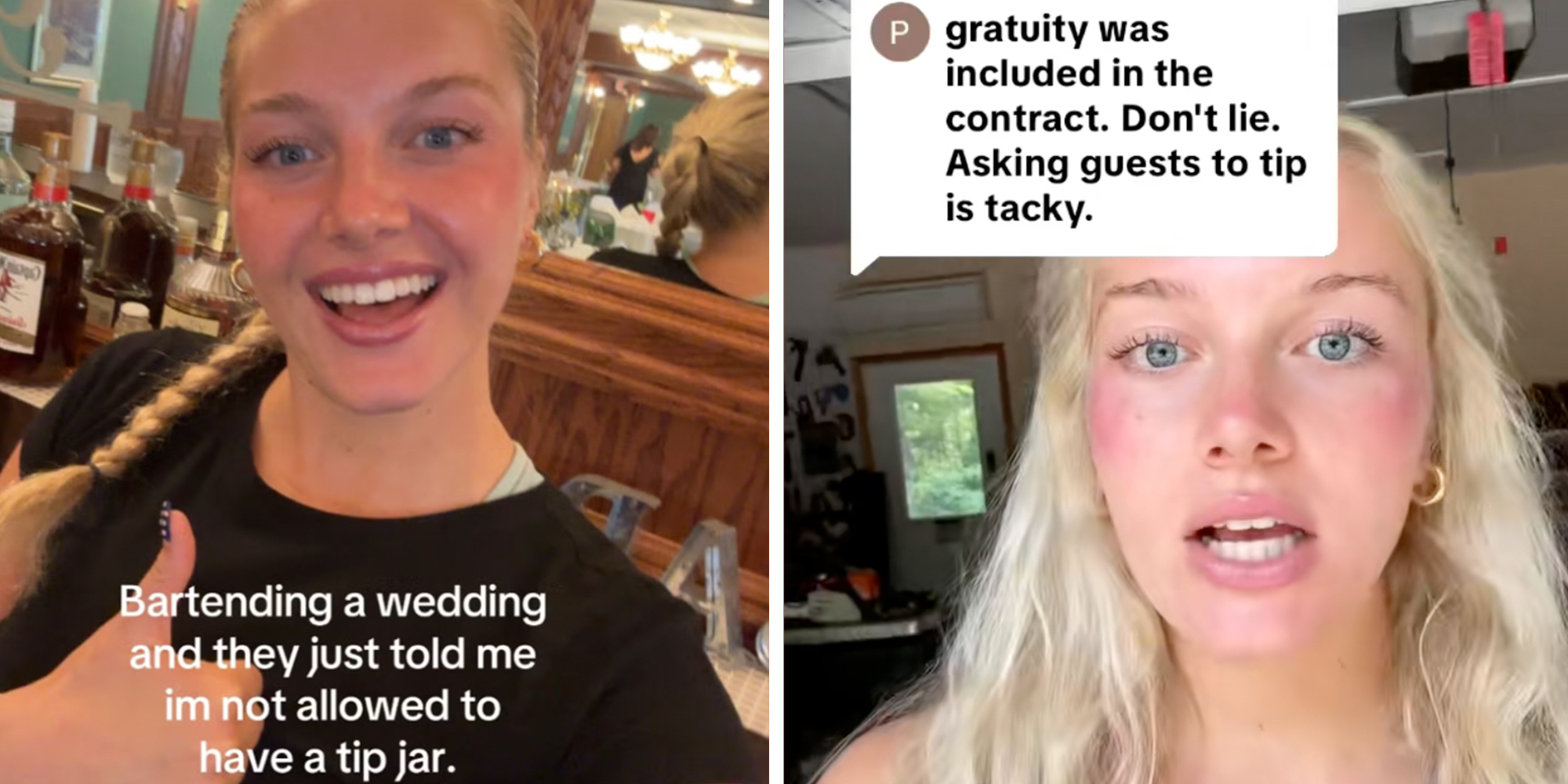 Left: Blonde bartender doing a thumbs up and smiling under caption reading, "Bartending a wedding and they just told me I'm not allowed to have a tip jar." Right: Same blonde woman responding to a TikTok comment calling tip jars at weddings "tacky."