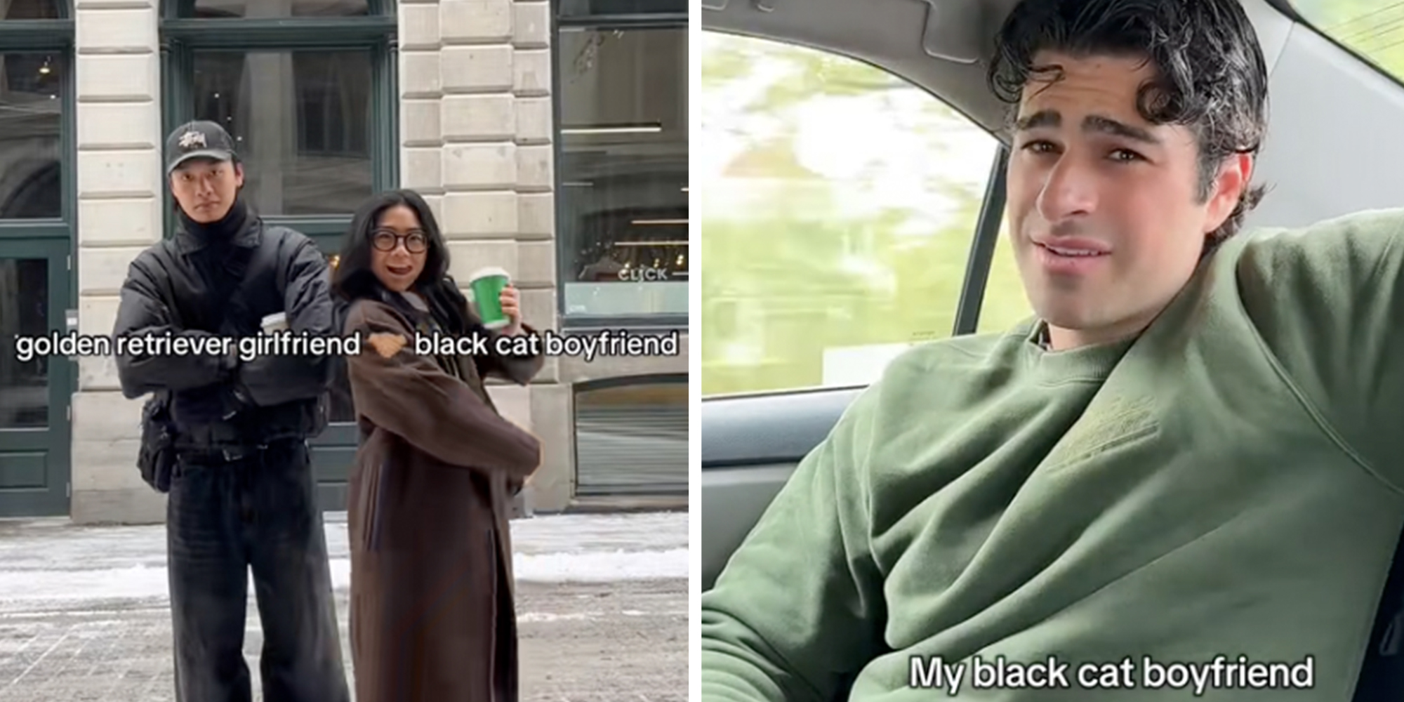 Left: Couple standing side by side, text overlay reads "Golden Retriever girlfriend (shaking hands emoji) black cat boyfriend" Right: Man sitting in the backseat of a car in a green crewneck looking incredulous, text overlay reads "My black cat boyfriend."