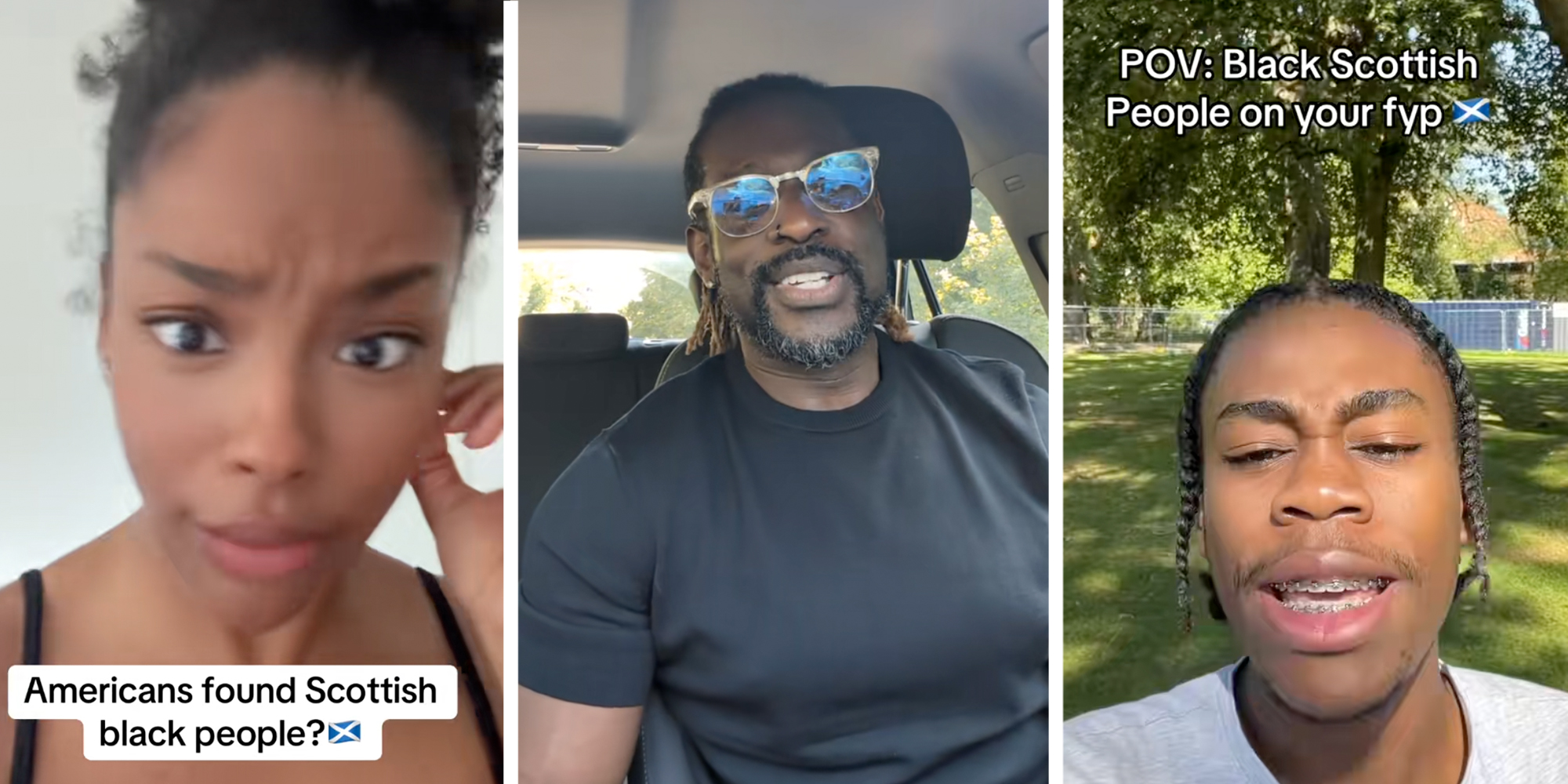 3 Panel image: Left: Woman looking into the screen with a bemused expression, caption overlay reads "Americans found Scottish black people?". Middle: Black man in glasses and black shirt looking into the camera in a car. Right: Black man with braces looking into camera, caption overlay reads "Black Scottish people on your fyp."