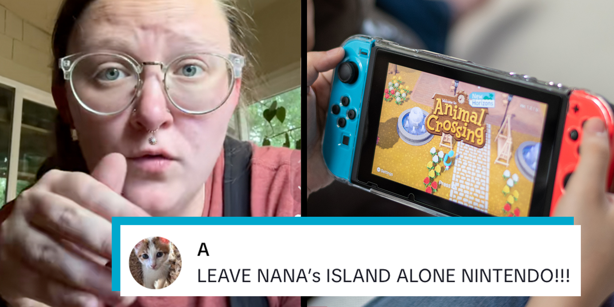 Left: Woman in glasses and a septum ring talking into the camera about her grandma playing Animal Crossing on Switch. Right: Animal crossing game popular Nintendo switch with joy controllers family friend activity playing together. Caption overlay reads "Leave nana's island alone Nintendo!!!"