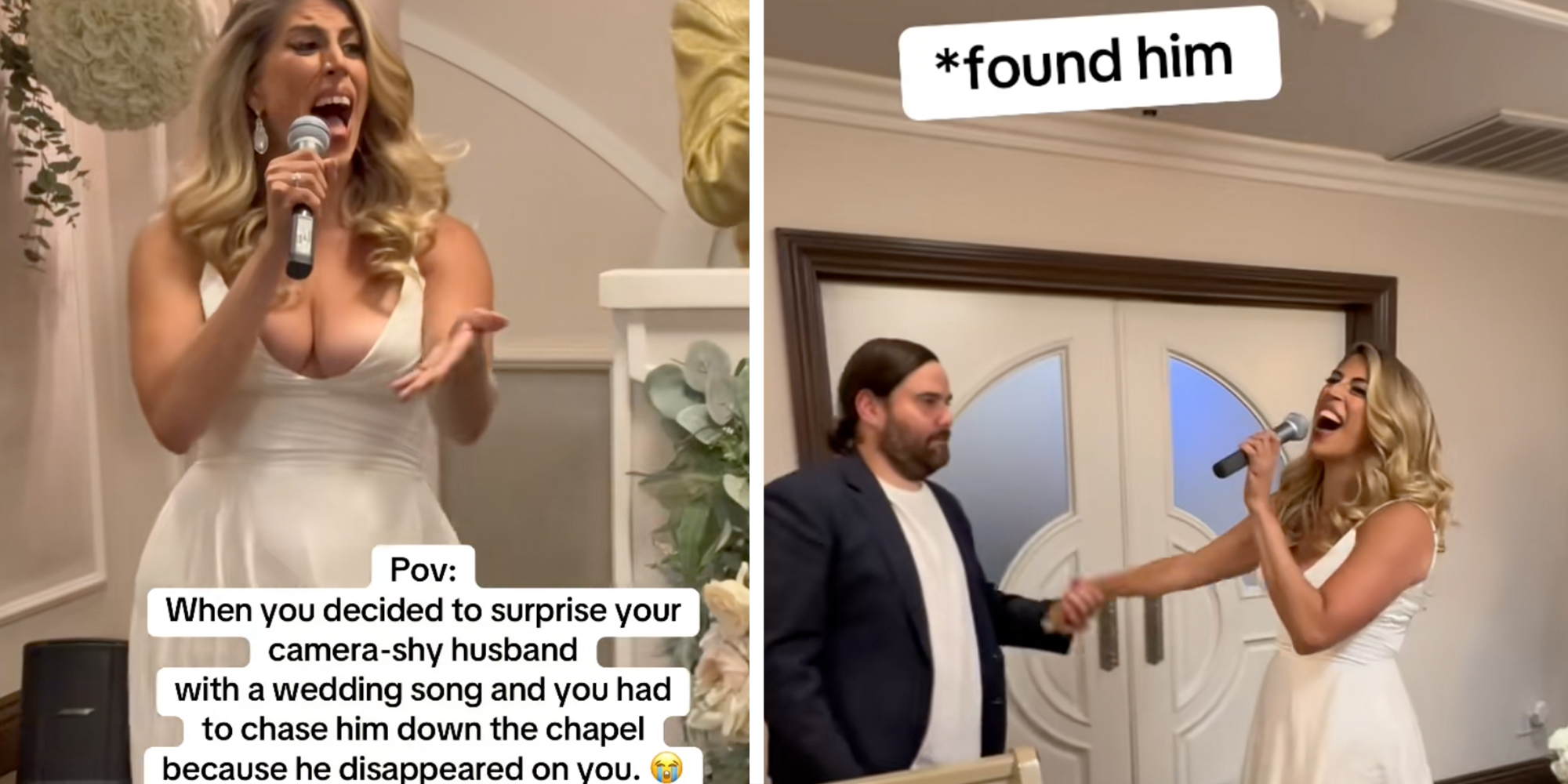 Left: Bride in a Vegas chapel in the middle of singing a song, caption overlay reads "When you decide to surprise your camera-shy husband with a wedding song and you had to chase him down the chapel because he disappeared on you."  Right: Bride holding groom's hand in chapel, caption overlay reads "found him."