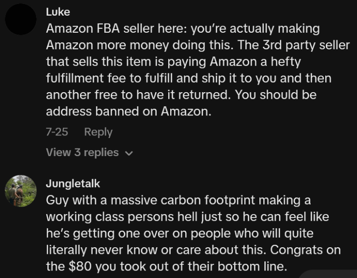 TikTok comments including one reading "Guy with a massive carbon footprint making a working class persons hell just so he can feel like he’s getting one over on people who will quite literally never know or care about this. Congrats on the $80 you took out of their bottom line."