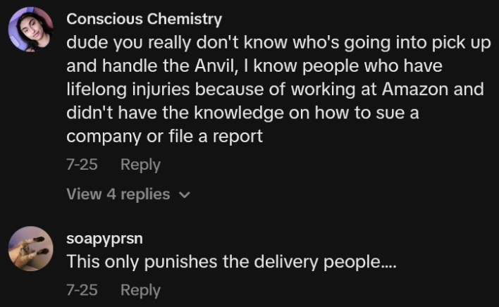 TikTok comments including one reading "dude you really don't know who's going into pick up and handle the Anvil, I know people who have lifelong injuries because of working at Amazon and didn't have the knowledge on how to sue a company or file a report"