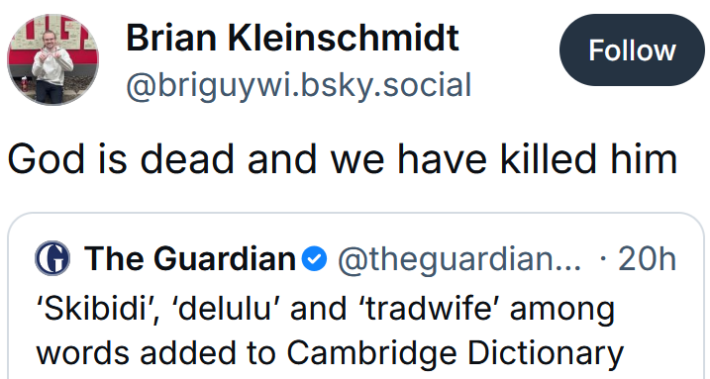 Bluesky post reading "God is dead and we have killed him"