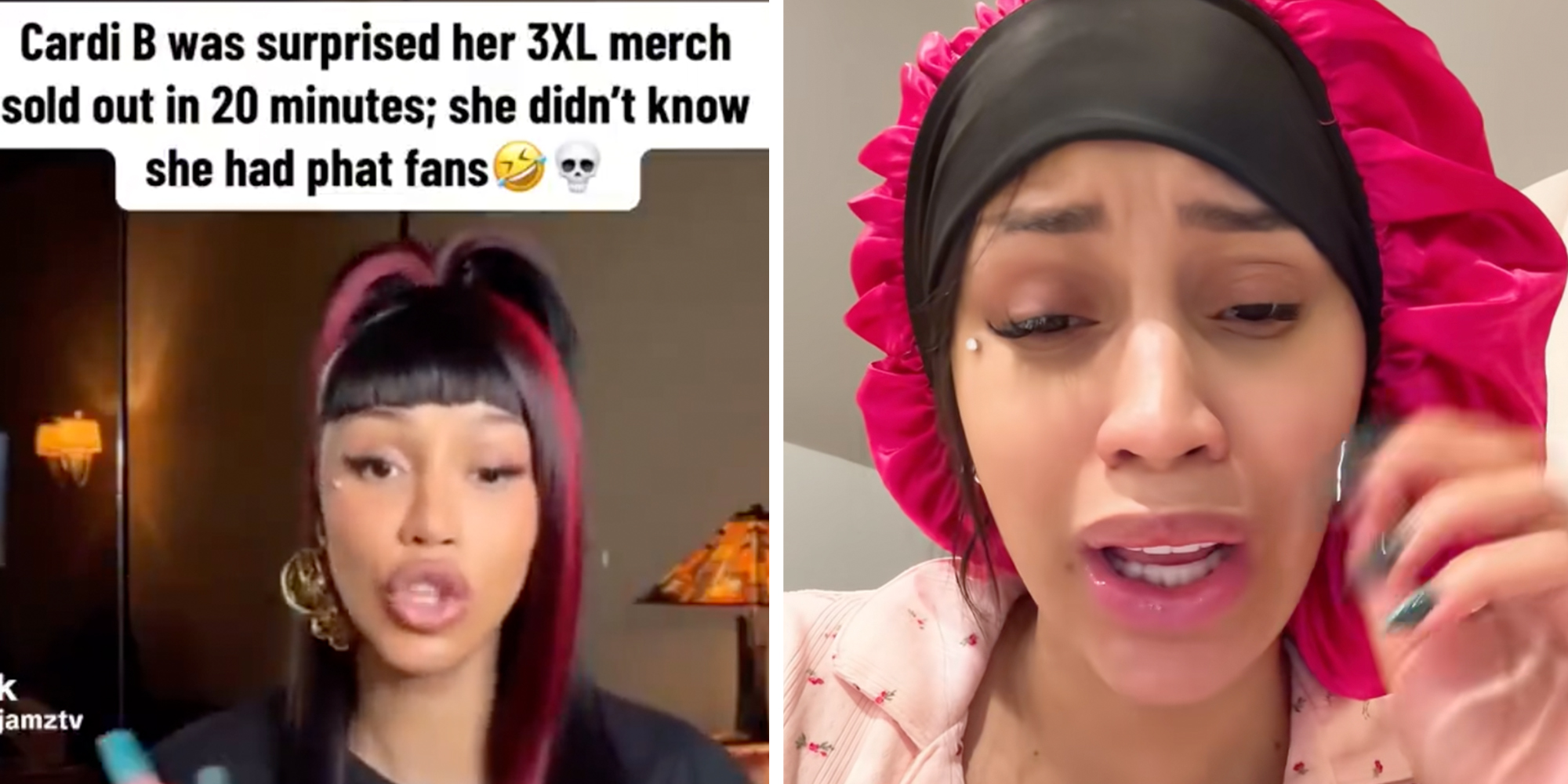 Left:Rapper Cardi B speaking into camera under text caption reading ""Cardi B was surprised her 3XL merch sold out in 20 minutes; she didn't know she had fat fans." Right: Cardi B speaking into camera