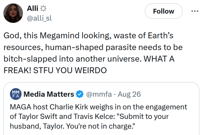 Tweet reading "God, this Megamind looking, waste of Earth’s resources, human-shaped parasite needs to be bitch-slapped into another universe. WHAT A FREAK! STFU YOU WEIRDO"