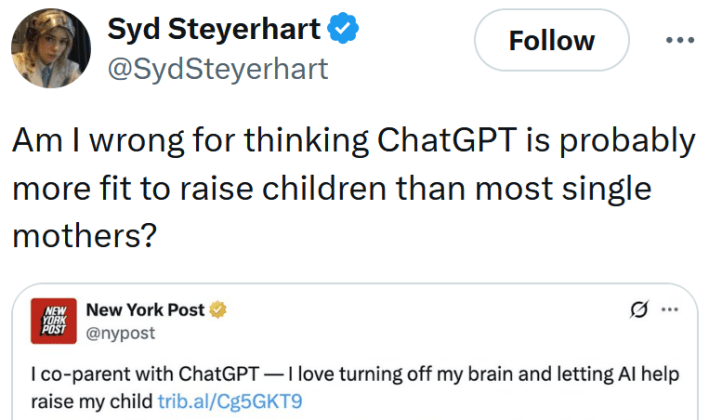 Tweet reading "Am I wrong for thinking ChatGPT is probably more fit to raise children than most single mothers?"