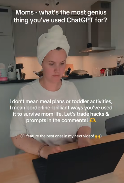 TikTok video of a woman sitting at her laptop with her hair wrapped in a towel. The caption asks for parenting ChatGPT prompt ideas.