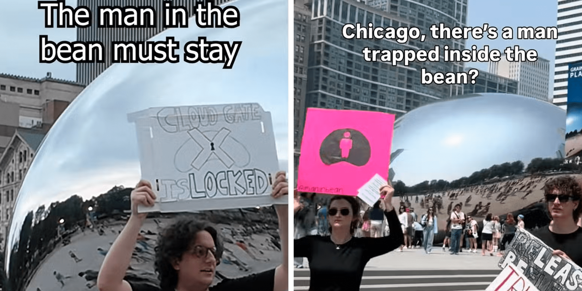 Left: Protestor in front of Chicago's The Bean statue holding a sign reading "Cloud gate is locked." Caption overlay reads "The man in the bean must stay." Right: Protestors holding signs in front of Chicago's The Bean statue. Caption overlay reads "Chicago, there's a man trapped inside the bean?"
