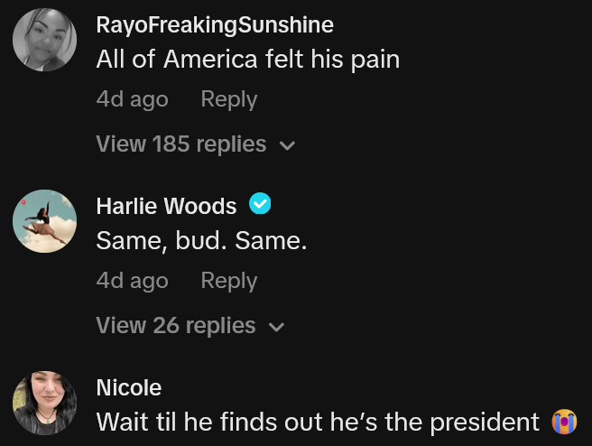 TikTok comments including one reading "All of America felt his pain"