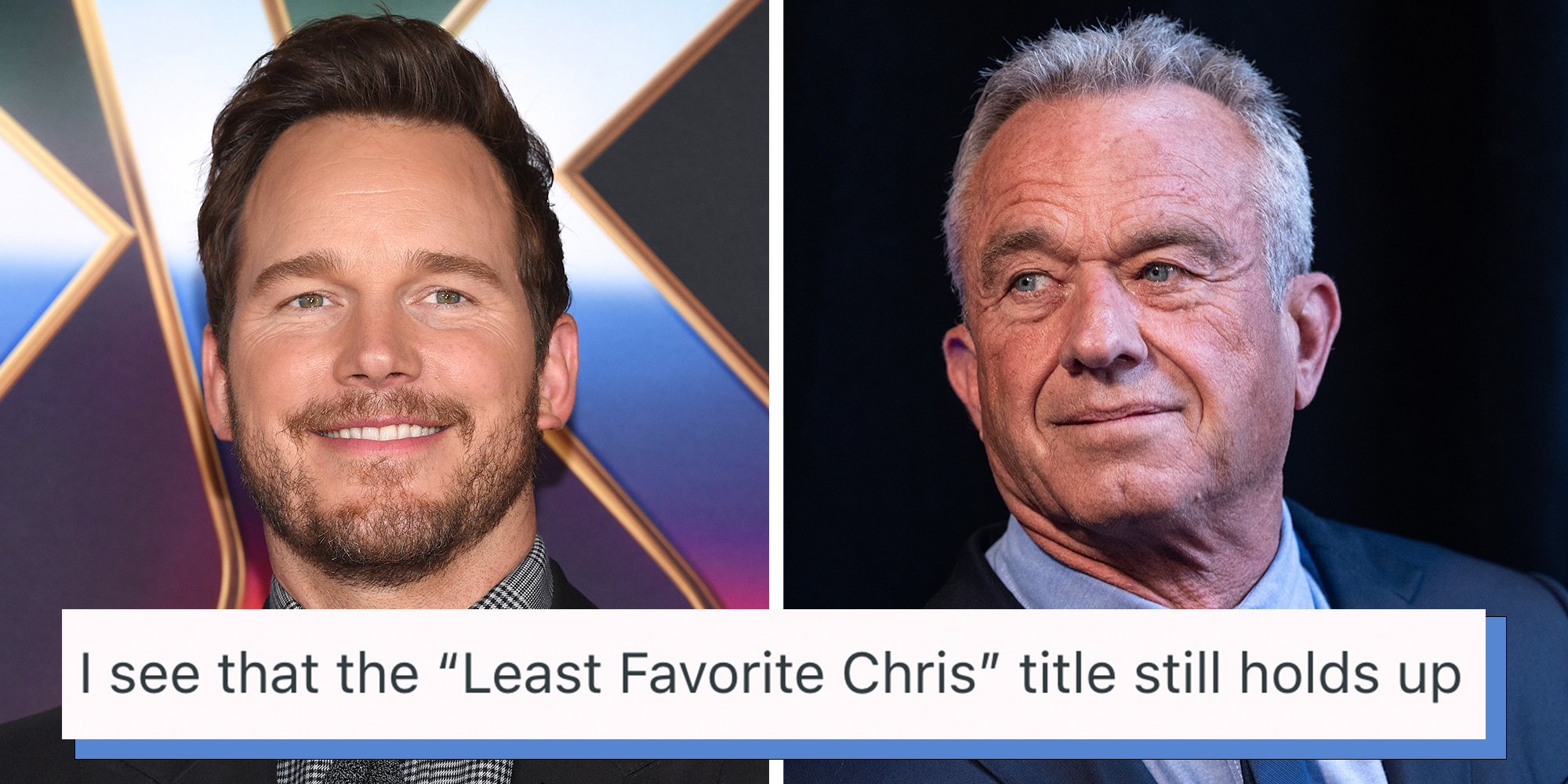 Left: Actor Chris Pratt smiling during the ‘THOR: Love and Thunder’ World Premiere on June 23, 2022 in Hollywood, CA. Right: Robert F. Kennedy Jr. announced 'No Spoiler' pledge for the upcoming elections at a campaign stop in Brooklyn, NY on May 1, 2024. Caption overlay reads: "I see that the “Least Favorite Chris” title still holds up."