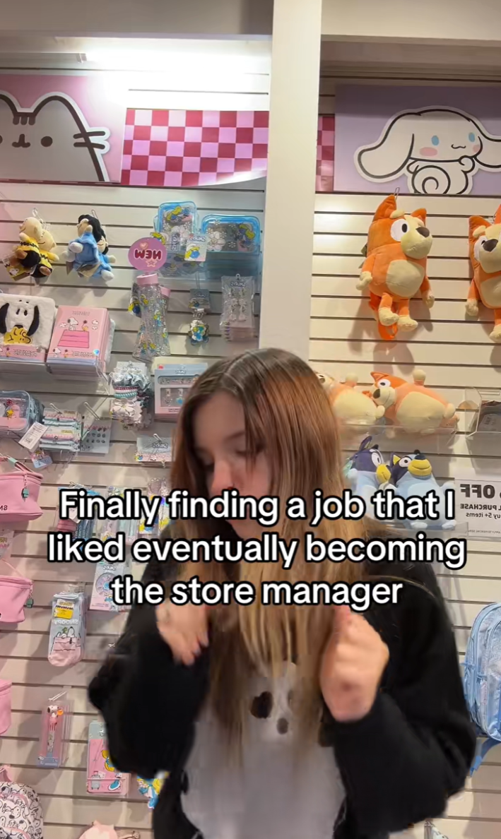 TikTok video of a Claire's manager dancing in the store. Text overlay reads, "Finally finding a job that I liked eventually becoming the store manager."