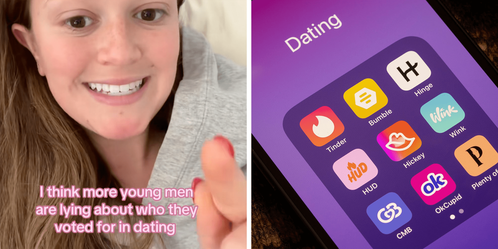 Left: Woman looking into camera, caption overlay reads, "I think more young men are lying about who they voted for in dating." Right: Assorted dating apps, including Tinder, Bumble, Hinge, HUD, Hickey, Wink, Coffee Meets Bagel (CMB), OkCupid, and Plenty of Fish (POF), are seen on an iPhone.