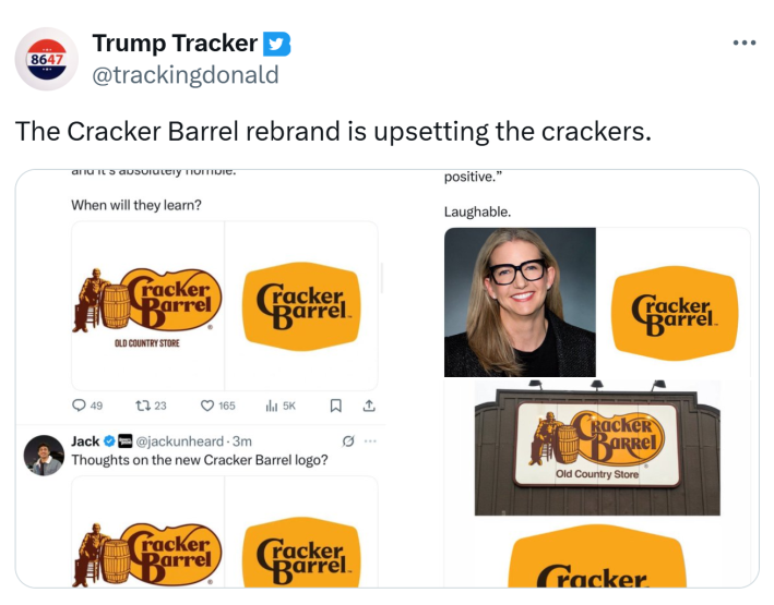 Tweet that reads, "The Cracker Barrel rebrand is upsetting the crackers." with screenshots of people upset at the rebrand.