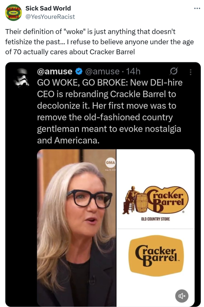 Tweet that reads, "Their definition of 'woke' is just anything that doesn't fetishize the past... I refuse to believe anyone under the age of 70 actually cares about Cracker Barrel" with a screenshot of a MAGA Republican crashing out about the logo rebrand.