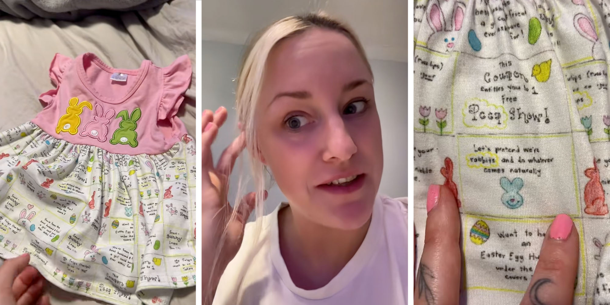 3 Panel: Left: "Creepy" baby easter dress. Middle: Blonde woman looking stunned. Right: Inappropriate baby easter dress.