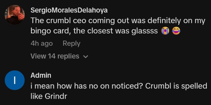 TikTok comments including one reading "The crumbl ceo coming out was definitely on my bingo card, the closest was glassss"