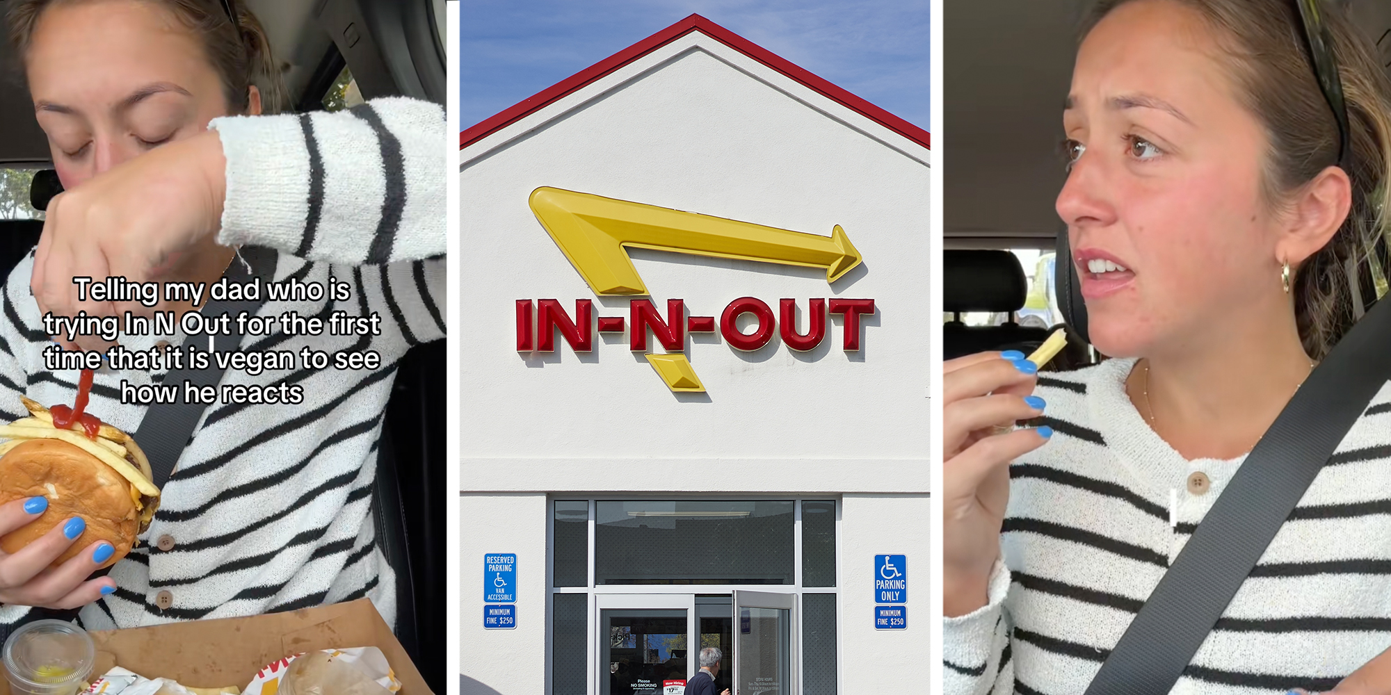 Woman eating In-N-Out burger in her car with her father. Caption overlay reads, "Telling my dad who is trying In-N-Out for the first time that it is vegan to see how he reacts." Middle: A man enters a Redwood City location on the In-N-Out fast food restaurant chain.