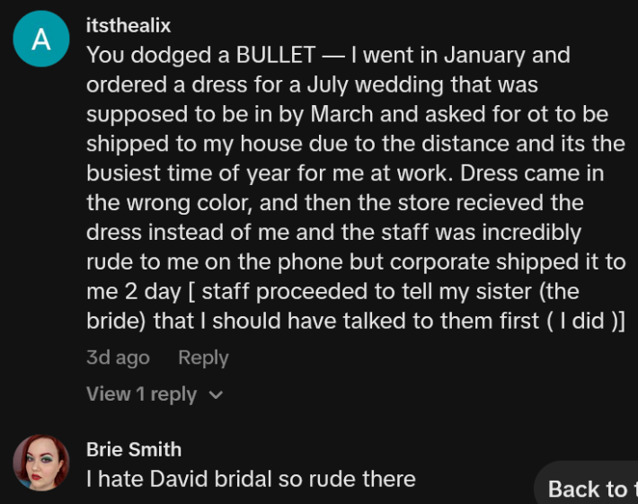 TikTok comments including one reading "You dodged a BULLET — I went in January and ordered a dress for a July wedding that was supposed to be in by March and asked for ot to be shipped to my house due to the distance and its the busiest time of year for me at work. Dress came in the wrong color, and then the store recieved the dress instead of me and the staff was incredibly rude to me on the phone but corporate shipped it to me 2 day [ staff proceeded to tell my sister (the bride) that I should have talked to them first ( I did )]"