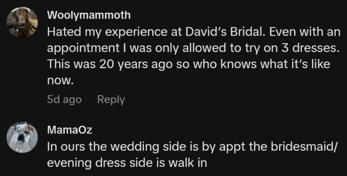 TikTok comments including one reading "Hated my experience at David’s Bridal. Even with an appointment I was only allowed to try on 3 dresses. This was 20 years ago so who knows what it’s like now."