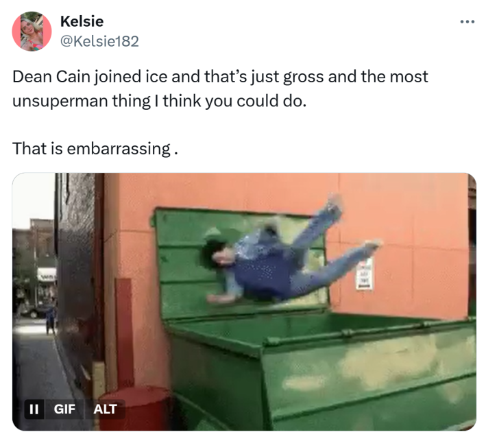 Tweet that reads, "Dean Cain joined ice and that’s just gross and the most unsuperman thing I think you could do. That is embarrassing ."