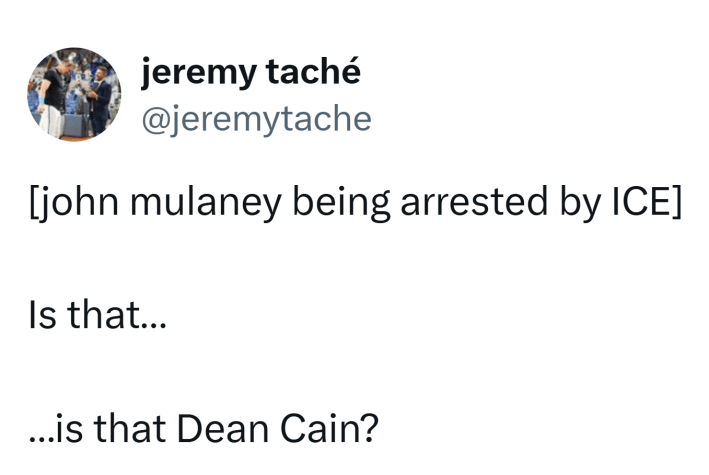 Tweet that reads, "[john mulaney being arrested by ICE]Is that……is that Dean Cain?"