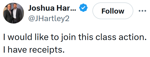 Tweet reading "I would like to join this class action. I have receipts."