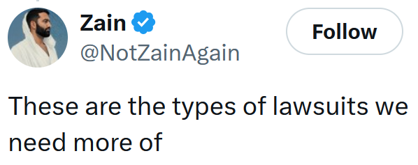 Tweet reading "These are the types of lawsuits we need more of"