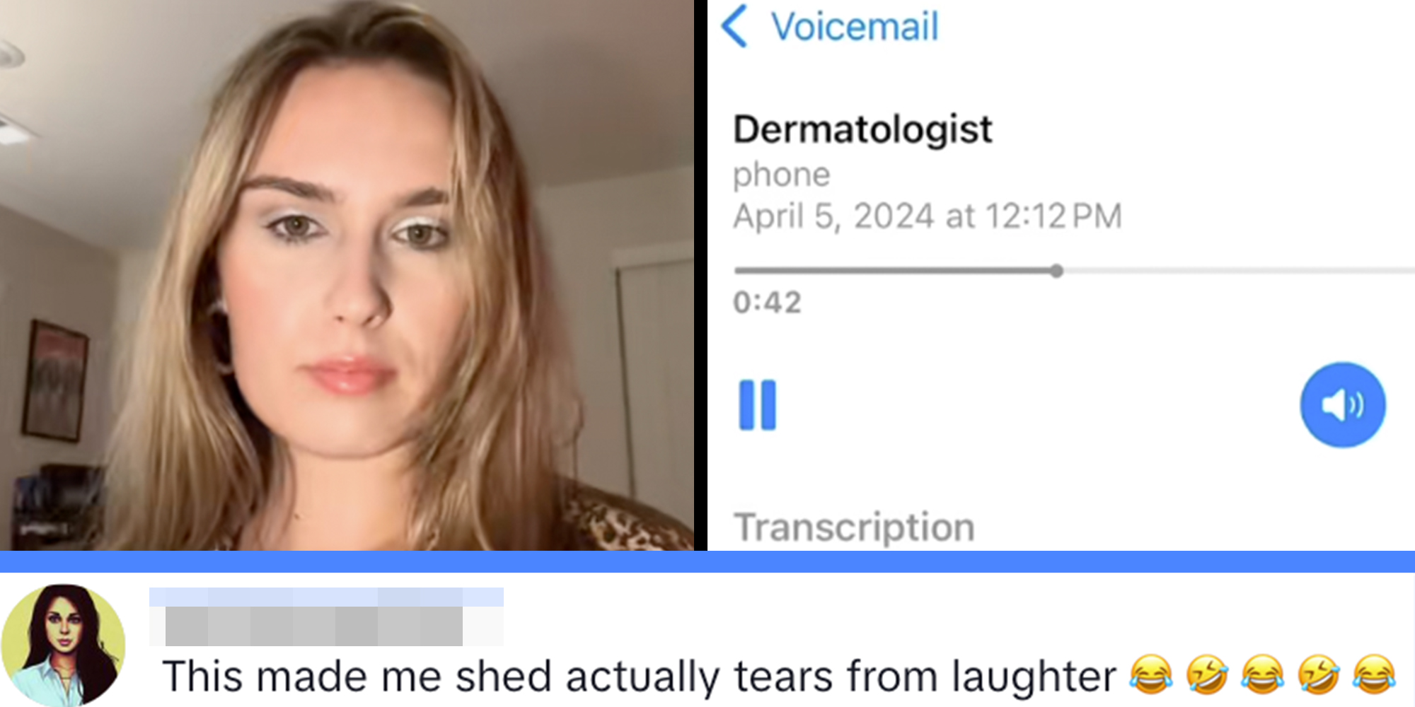 Left: Woman in a leopard cardigan looking into the camera. Right: Screenshot of iPhone Voicemail box.