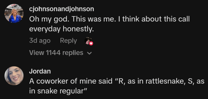 TikTok comments including one reading "Oh my god. This was me. I think about this call everyday honestly."