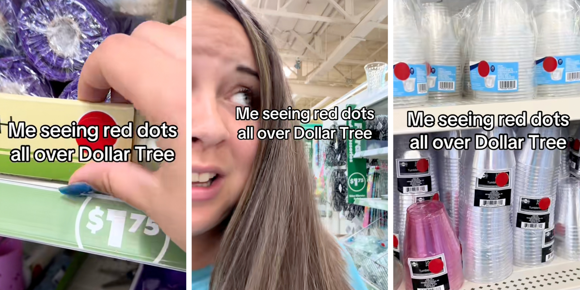 Red dot stickers at Dollar Tree store pasted on various items, including plastic kitchenware