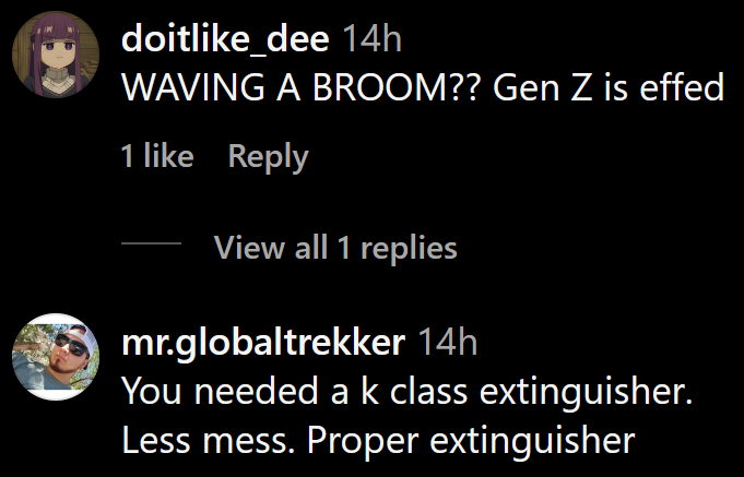 Instagram comments including one reading "WAVING A BROOM?? Gen Z is effed"
