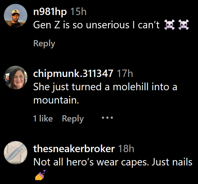 Instagram comments including one reading "Gen Z is so unserious I can’t"