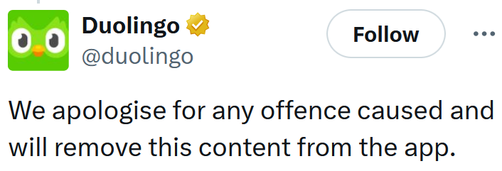 Duolingo tweet reading "We apologise for any offence caused and will remove this content from the app."