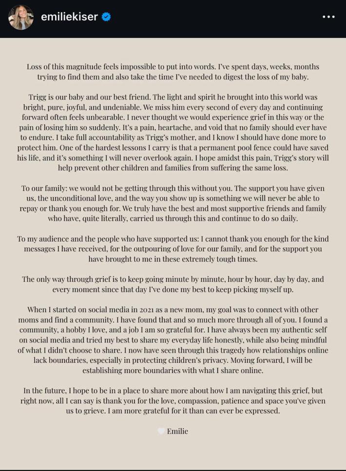 Emilie Kiser's written statement on her son's death.