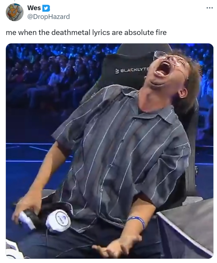 Tweet that reads, "me when the deathmetal lyrics are absolute fire" with the image of KojiKOG 'crashing out.'