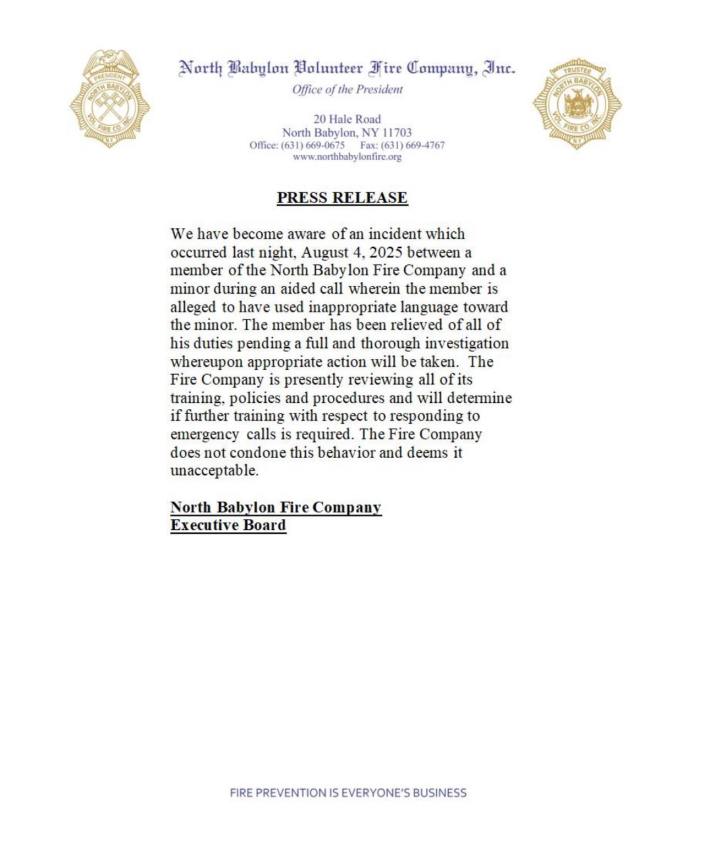 Press release from the North Babylon Volunteer Fire Company.