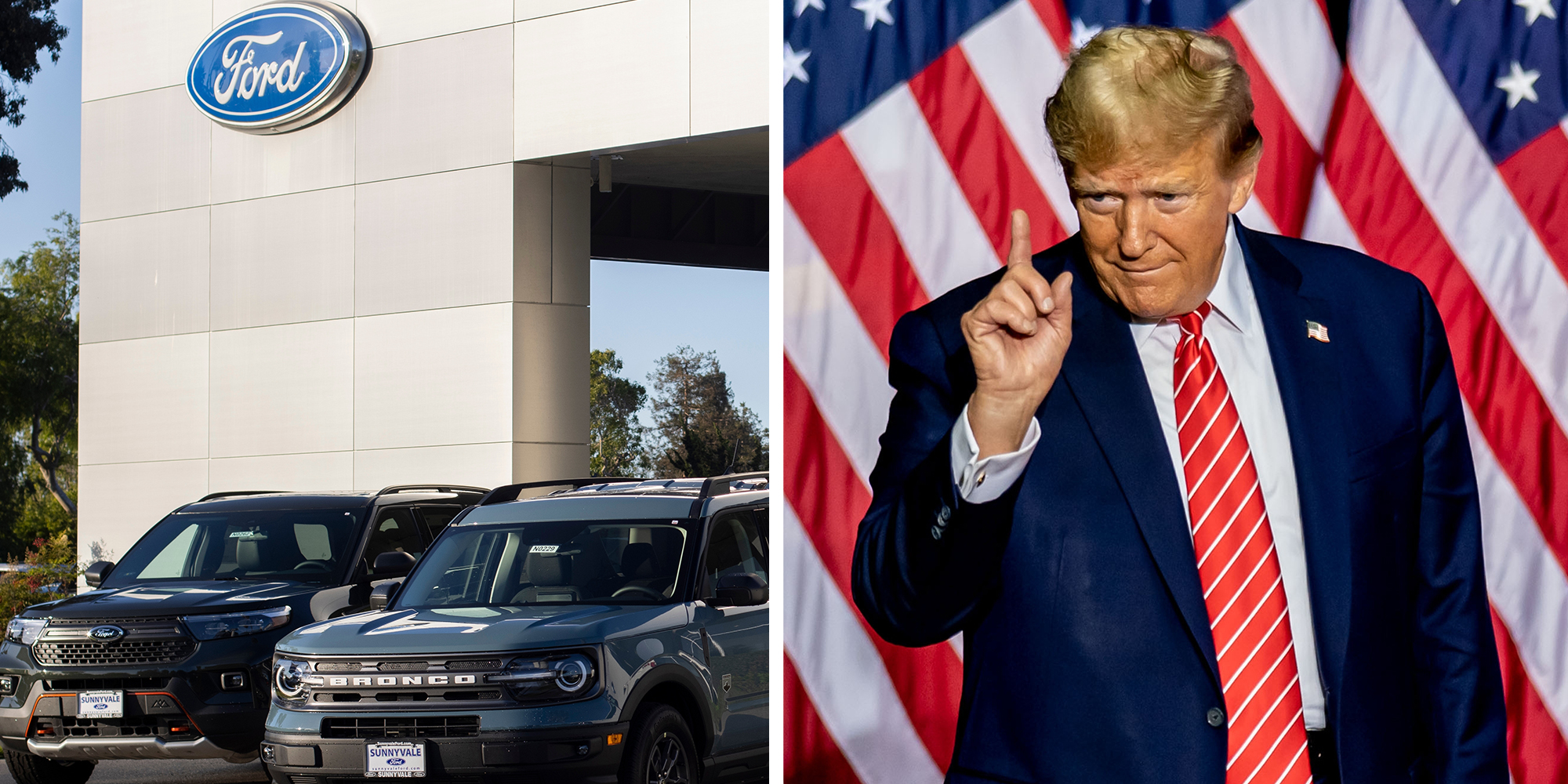 Left: May 3, 2022: Ford pickup trucks and SUVs are seen displayed outside a Ford dealership store in Sunnyvale, California. Ford Motor Company is an American automobile manufacturer. Right: Donald Trump at a campaign rally in Rome, Georgia, USA, pointing in front of an American flag.