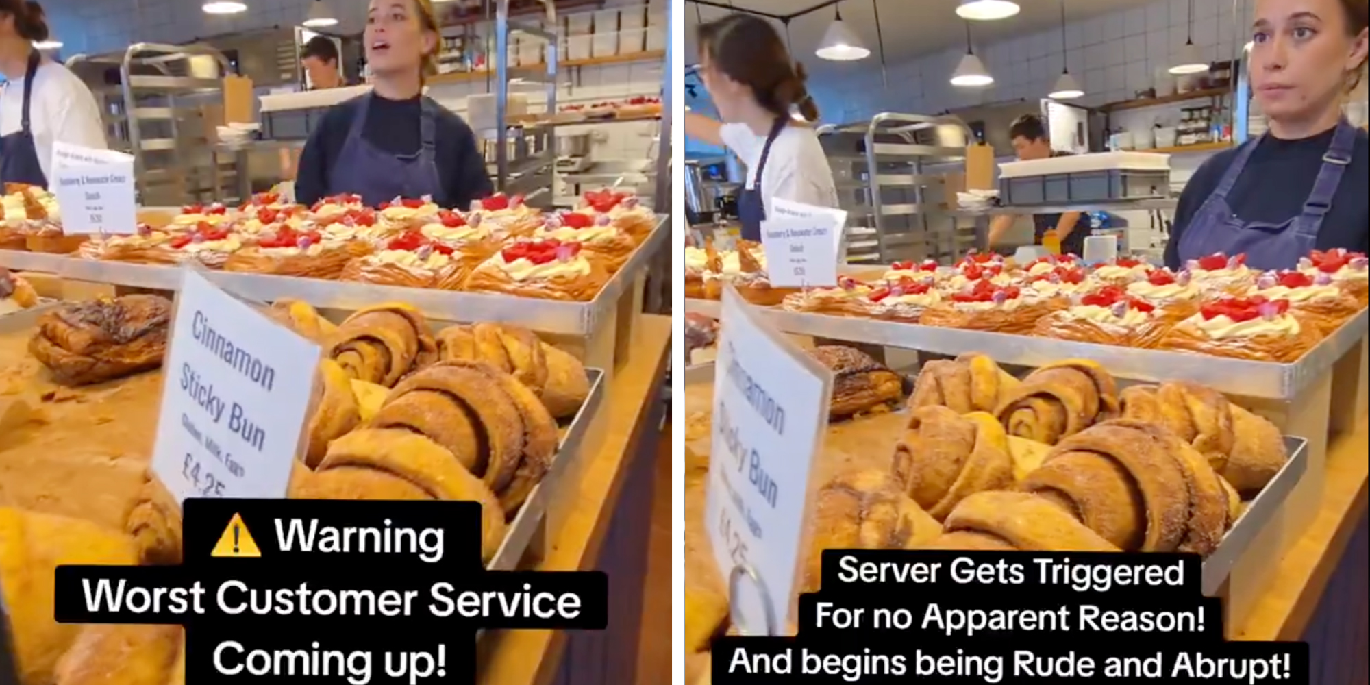 Server of Fortitude Bakehouse in a blue apron standing behind rows of pastries