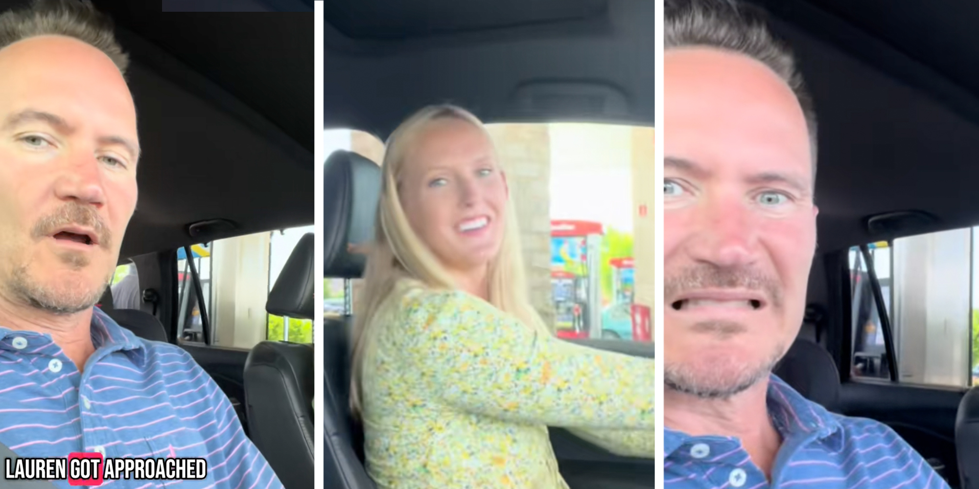 Man In passenger seat of car while blonde wife sits behind the wheel and another man pumps her gas