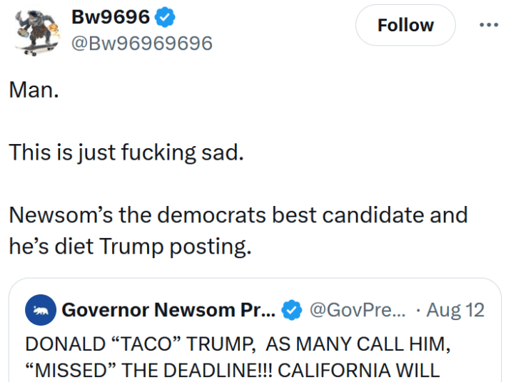 Tweet reading "Man. This is just fucking sad. Newsom’s the democrats best candidate and he’s diet Trump posting."
