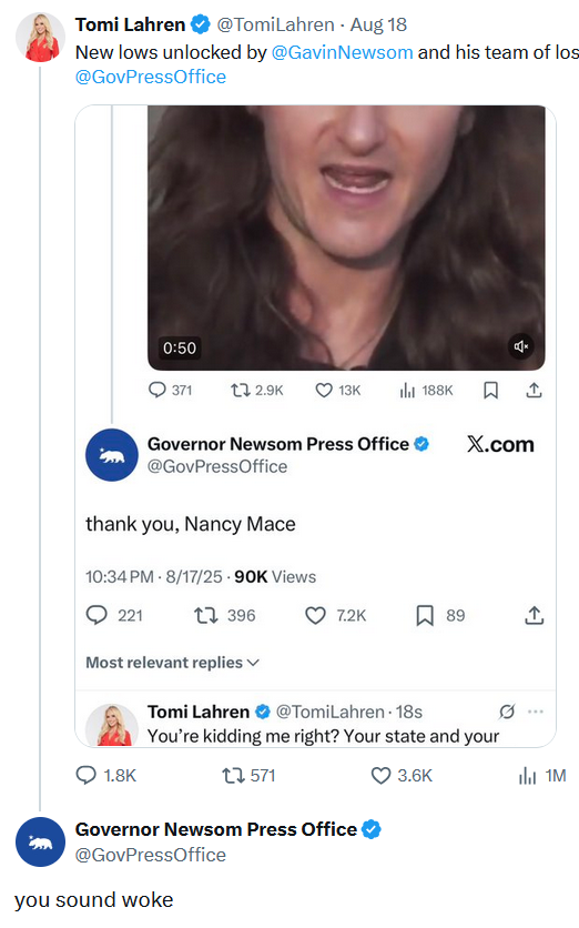Governor Newsom Press Office reply to Tomi Lahren reading "you sound woke."